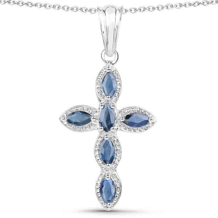 0.90 Ct Marquise Blue Sapphire Prong Silver Cross Pendant Necklace by Fine Color Jewels
