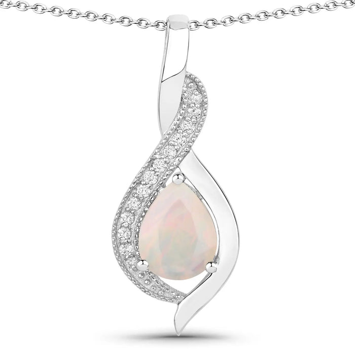 0.90 Ct Pear White Ethiopian Opal & Lab Diamond Prong Silver Teardrop Crossover Pendant Necklace by Fine Color Jewels