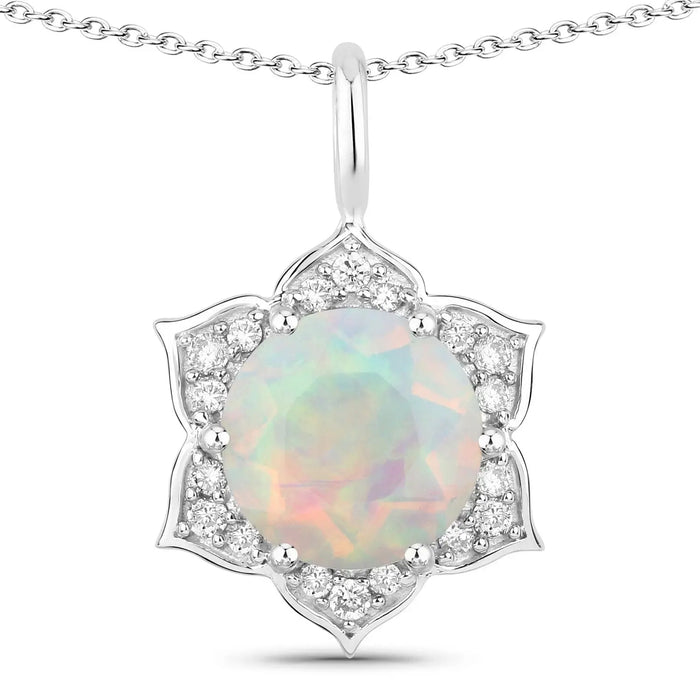 0.90 Ct round white Ethiopian Opal and Lab Diamond prong Silver flower pendant Necklace by Fine Color Jewels