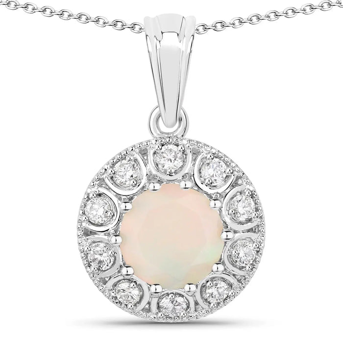 0.90 Ct round white Ethiopian Opal and Lab Diamond prong Silver Halo pendant Necklace by Fine Color Jewels