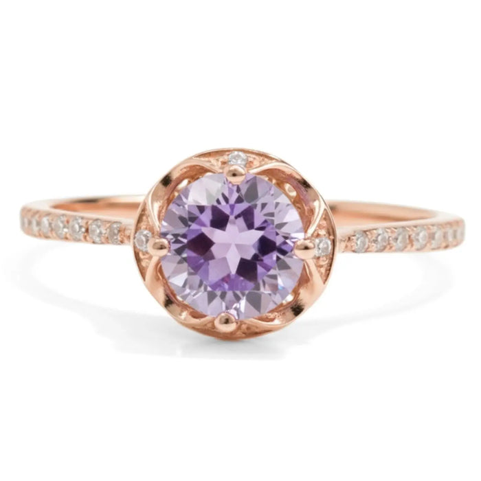 0.92 Ct Round Purple Amethyst and White Topaz Prong Silver Pave Cocktail Ring by Fine Color Jewels