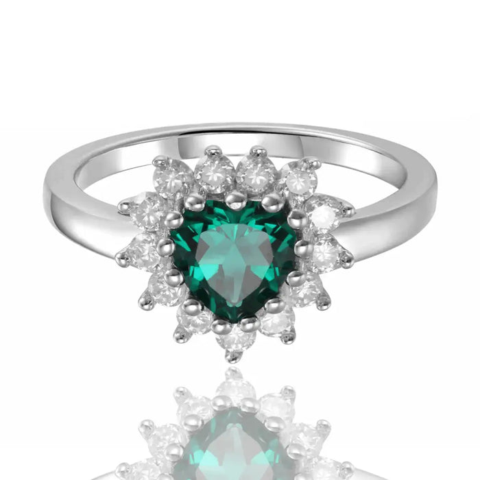 0.93 Ct Heart Green Created Emerald and White Topaz Prong Silver Floral Halo Ring by Fine Color Jewels