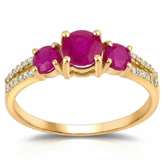 0.95 Ct Round Pink Ruby & Diamond Prong 14K Yellow Gold Pave Three Stone Split Shank Ring by Fine Color Jewels