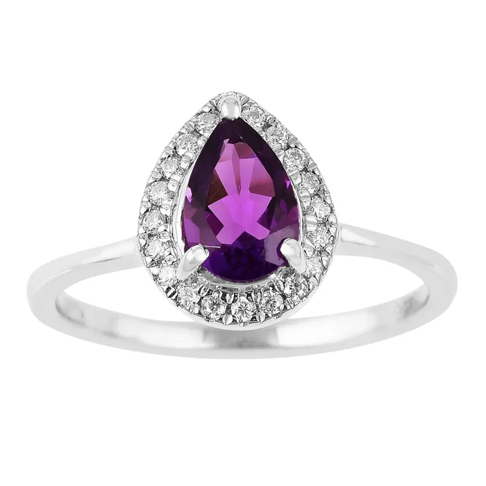 0.97 Ct Pear Purple Amethyst and Moissanite Prong Silver Halo Engagement Ring by Fine Color Jewels