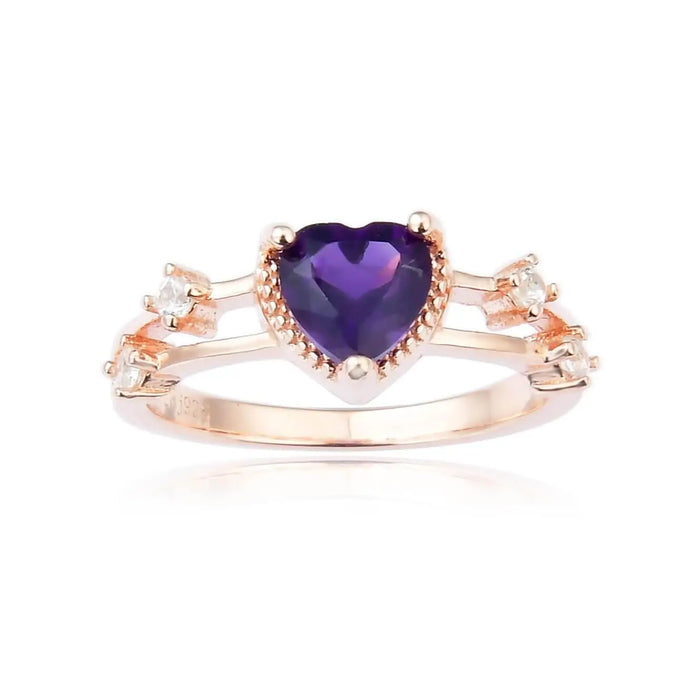 0.98 Ct Heart Purple Amethyst and White Sapphire Prong Silver Split Band Heart Ring by Fine Color Jewels