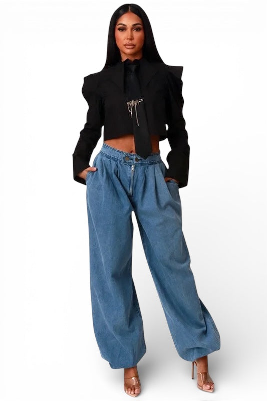 Poplin Crop Shirt Top With Black Tie by The House of Stylez