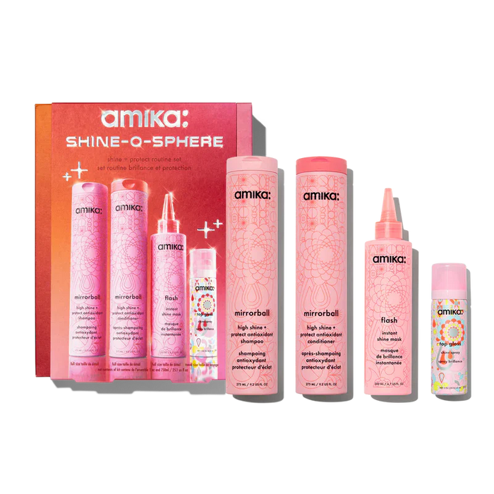 Amika Shine-O-Sphere Kit - Mirrorball Shampoo 9.2oz Mirrorball Conditioner 9.2oz Flash Mask 6.7oz Top Gloss Spray 1oz by Nava Beauty
