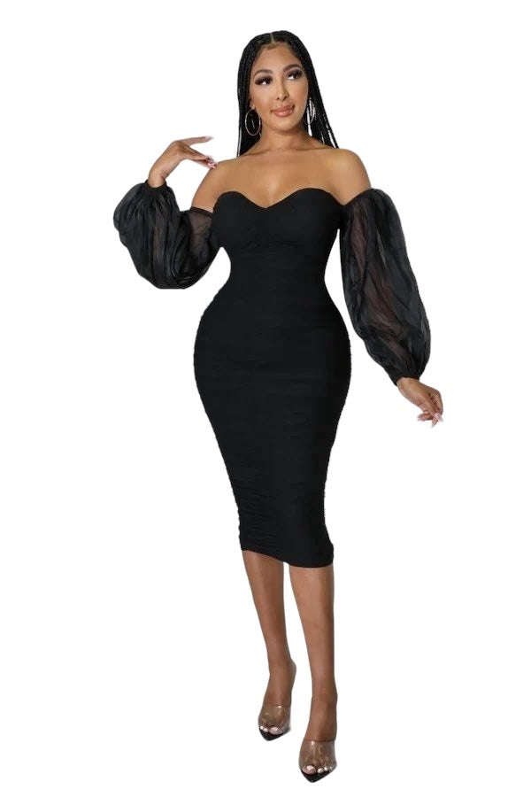 Sweetheart Ruched Midi Dress with Mesh See Thru Sleeves by The House of Stylez