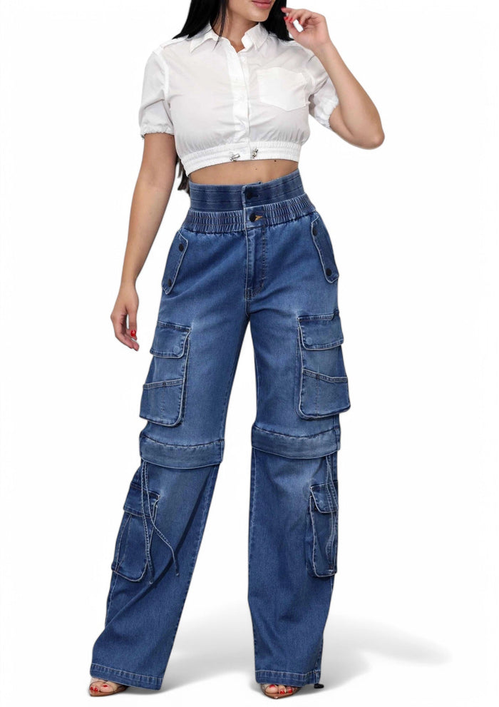 Convertible Baggy Cargo Jeans with Double Waist Band by The House of Stylez