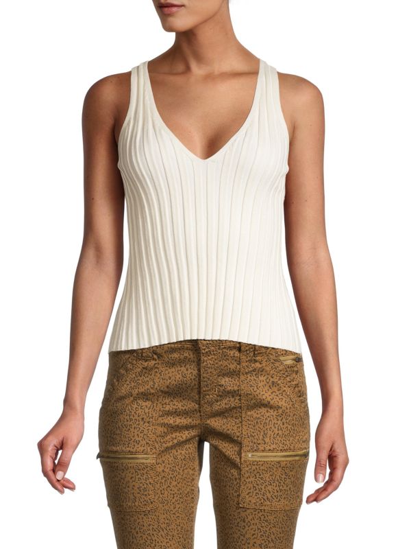 Joie Womens Ivory Knit Ribbed Sleeveless V Neck Tank Sweater, Large by Vanessa Jane