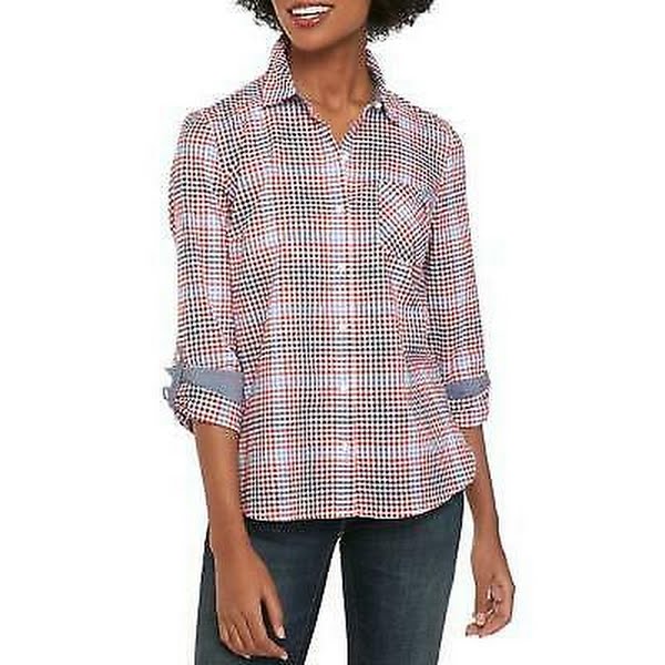 Tommy Hilfiger Gingham Roll-Tab-Sleeve Cotton Top ,Size XS by Vanessa Jane