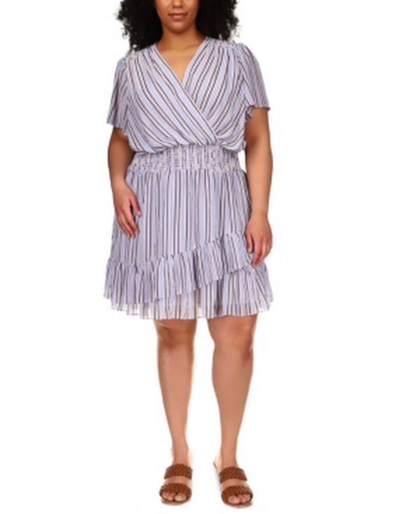 Michael Michael Kors Plus Size Striped Surplice-Neck Dress, Size 1X by Vanessa Jane