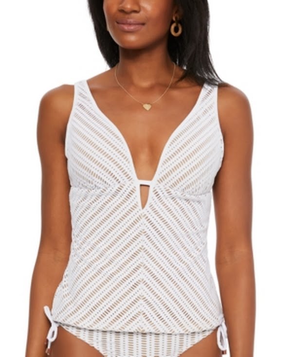 Bar III Crochet Plunge Tankini Top, Ivory, Size Small by Vanessa Jane