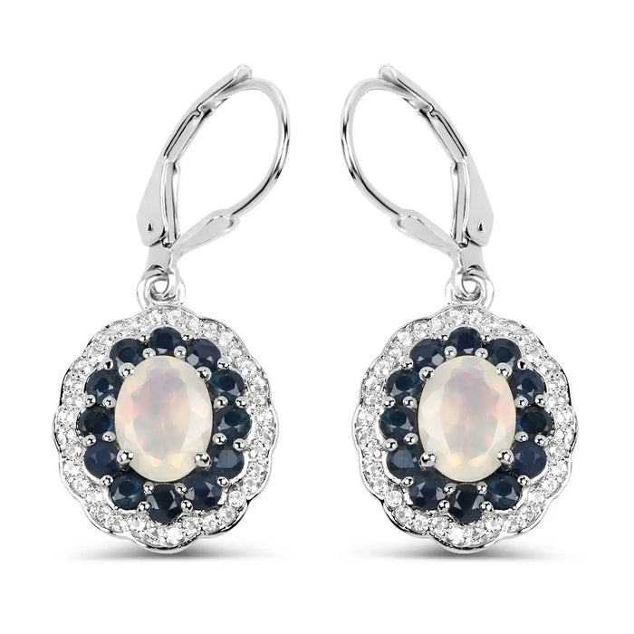 1.00 Ct Oval White Ethiopian Opal Prong Silver Floral Dangle Earrings by Fine Color Jewels