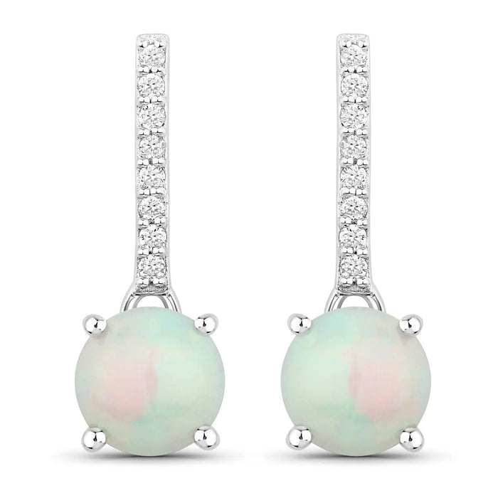 1.00 Ct Round White Ethiopian Opal & Lab Diamond Prong Silver Dangle Earrings by Fine Color Jewels