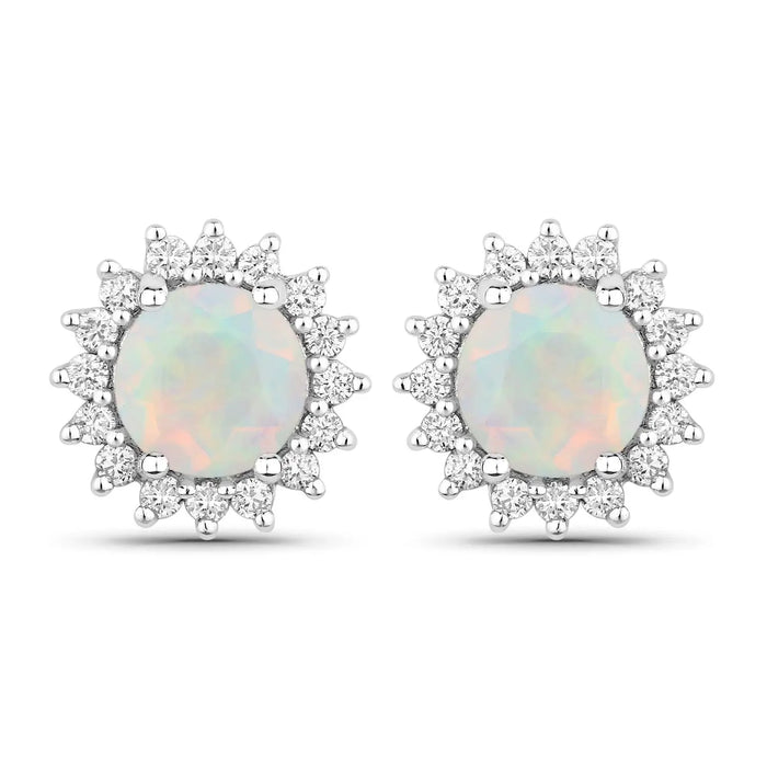 1.00 Ct Round White Ethiopian Opal & Lab Diamond Prong Silver Halo Stud Earrings by Fine Color Jewels