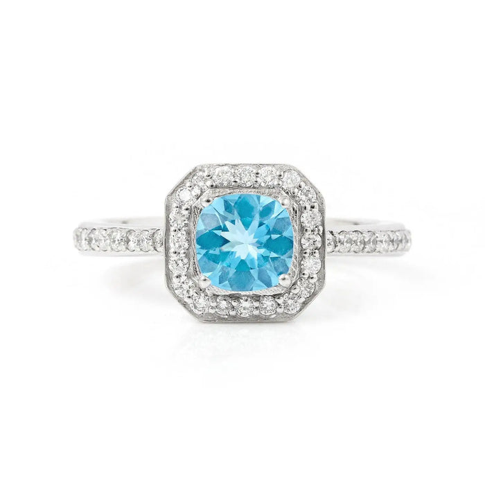 1.05 Ct Cushion Natural Blue Paraiba Apatite Pave Rhodium Plated Silver Halo Ring by Fine Color Jewels