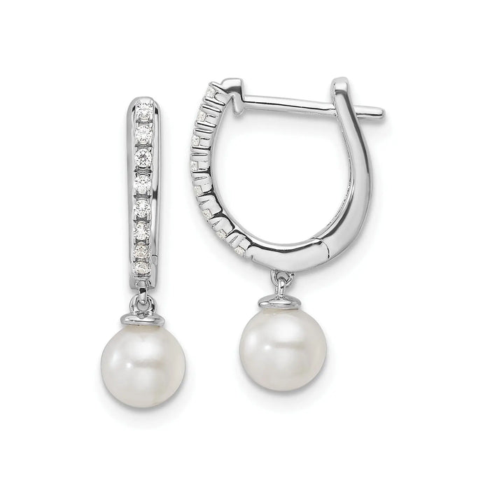 1/10 ct Lab Diamond and Cultured Pearl Hinged Hoop Earrings 14k White Gold by Fine Color Jewels