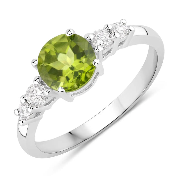 1.10 Ct Round Green Peridot and Lab Diamond Prong Silver Five Stone Ring by Fine Color Jewels