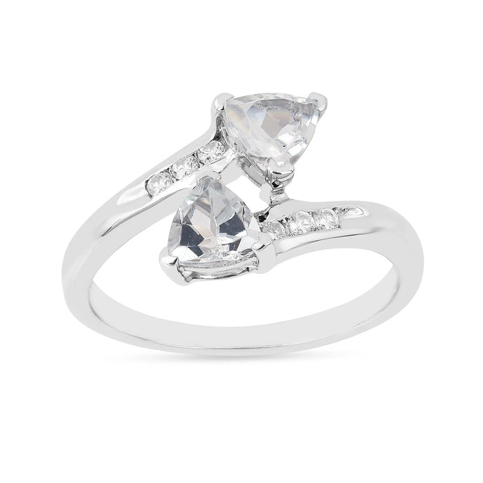 1.10 Ct Trillon Cut Light Blue Aquamarine V-Prong Rhodium Over Silver Dual Stone Bypass Ring by Fine Color Jewels