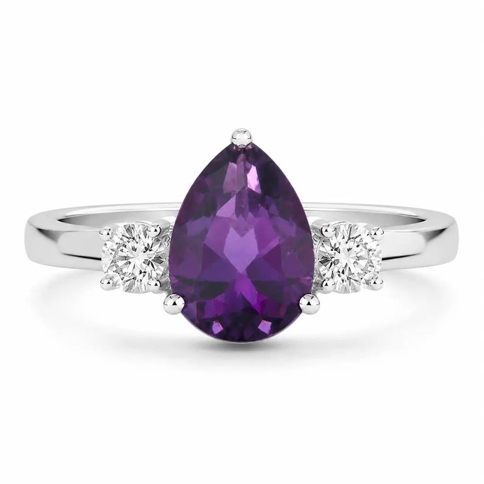 1.15 Ct Pear Purple Amethyst and Lab Diamond Prong Silver Three Stone Ring by Fine Color Jewels