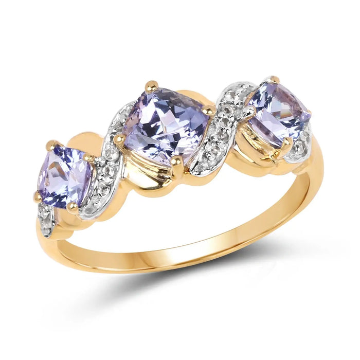 1.20 Ct Cushion Violet Tanzanite Prong Silver Three Stone Bypass Ring by Fine Color Jewels