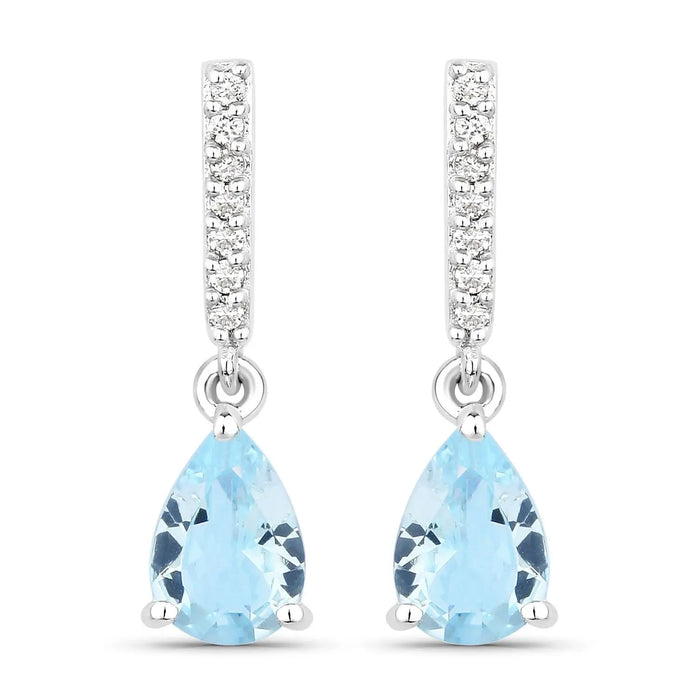 1.20 Ct Pear Blue Aquamarine & Lab Diamond Prong Silver Teardrop Dangle Earrings by Fine Color Jewels
