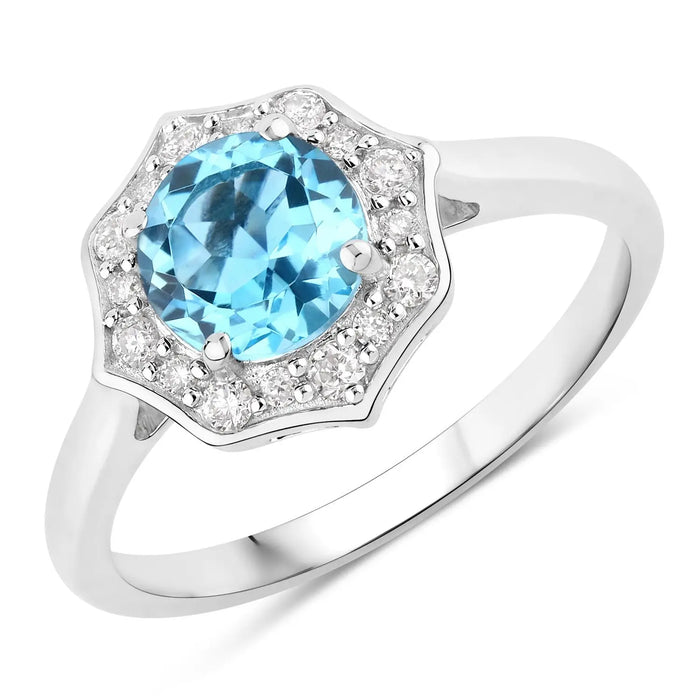 1.20 Ct Round Swiss Blue Topaz and Lab Diamond Prong Silver Halo Ring by Fine Color Jewels