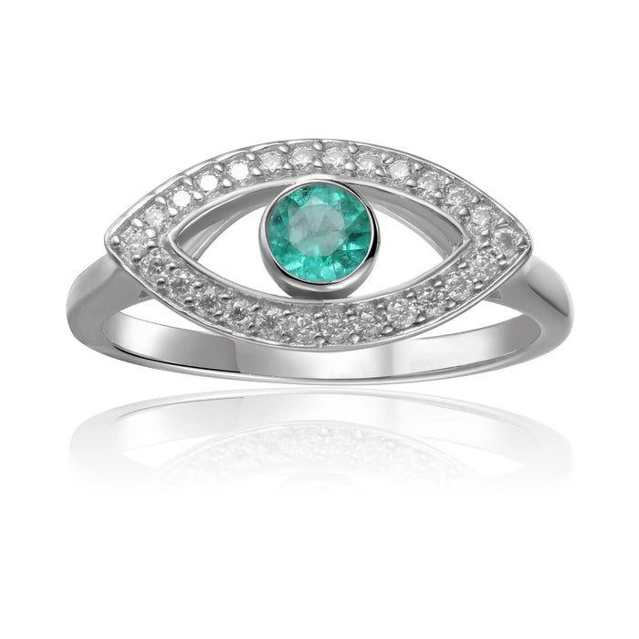 1.3 Ct Round Green Emerald Bezel Silver Evil Eye Ring by Fine Color Jewels