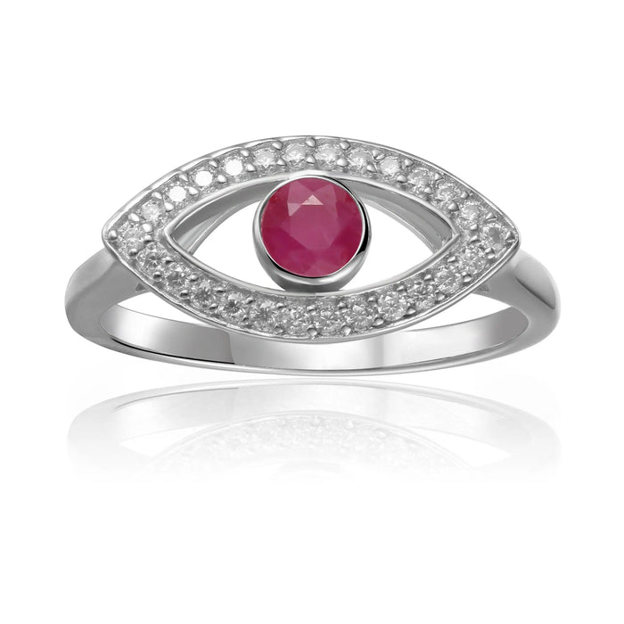 1.3 Ct Round Red Ruby Bezel Silver Evil Eye Ring by Fine Color Jewels