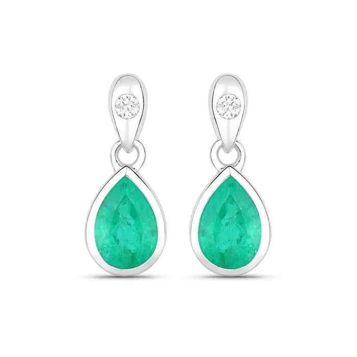 1.30 Ct Pear Green Zambian Emerald & Diamond Bezel 10K Gold Dangle Earrings by Fine Color Jewels