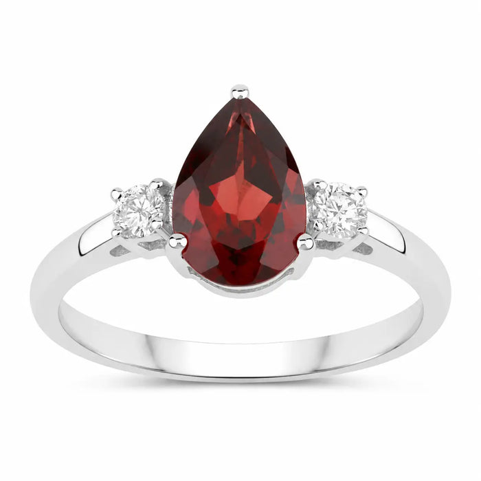 1.30 Ct Pear Red Mozambique Garnet and Lab Diamond Prong Silver Three Stone Ring by Fine Color Jewels