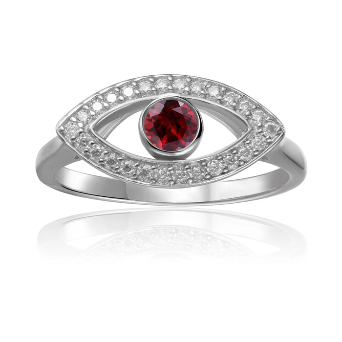 1.30 Ct Round Red Garnet Bezel Silver Evil Eye Ring by Fine Color Jewels