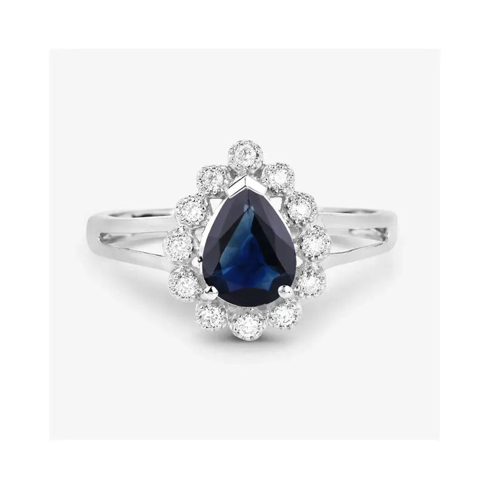 1.34 Ct Pear Blue Sapphire Diamond V-Prong 10k Gold Halo Statement Ring by Fine Color Jewels