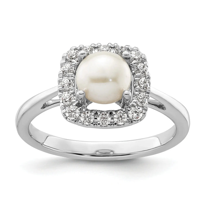 1/4 ct Lab Grown Diamond Freshwater Cultered Pearl Halo Ring 14k White Gold by Fine Color Jewels