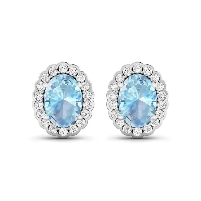 1.40 Ct Oval Blue Aquamarine & Diamond Prong 14k Gold Halo Stud Earrings by Fine Color Jewels
