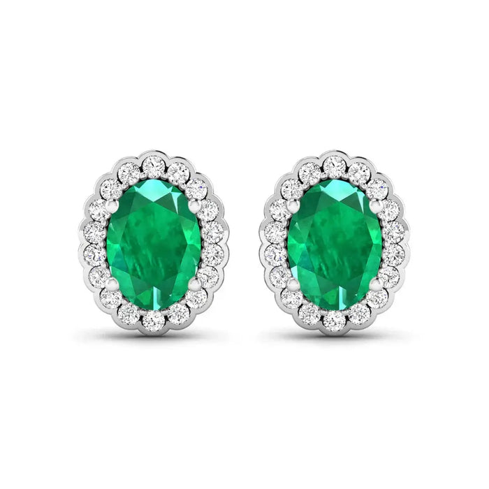 1.40 Ct Oval Green Zambian Emerald & Diamond Prong 14k Gold Halo Stud Earrings by Fine Color Jewels