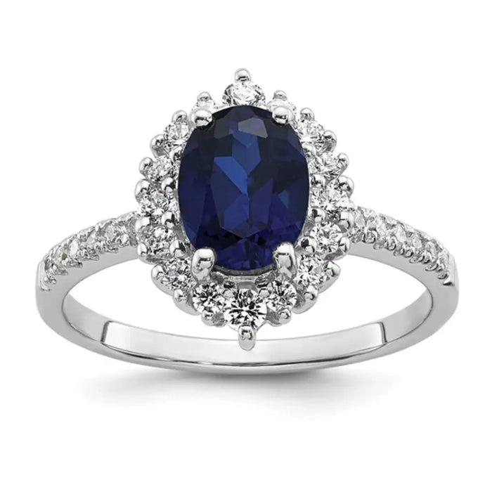 1.45 Ct Oval Blue Lab Created Sapphire and Cubic Zirconia Prong Silver Halo Statement Pave Bridge Ring by Fine Color Jewels