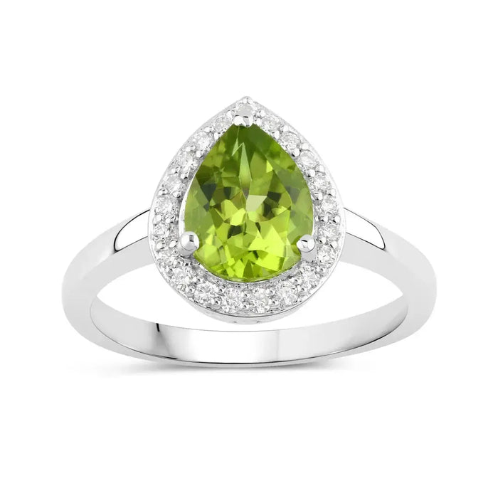 1.46 Ct Pear Green Peridot and Lab Diamond Prong Silver Halo Bridge Ring by Fine Color Jewels