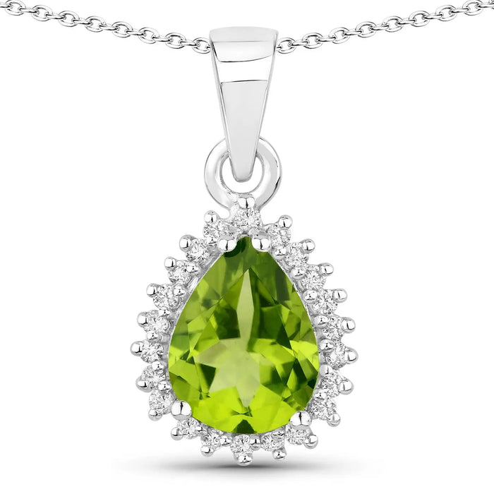 1.46 Ct pear green Peridot and Lab Diamond prong Silver Halo teardrop pendant Necklace by Fine Color Jewels