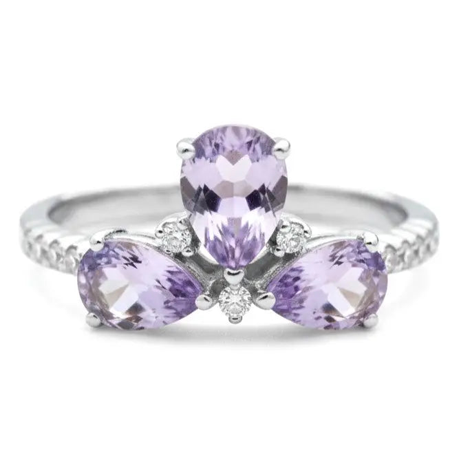 1.48 Ct Pear Purple Amethyst Prong Silver 3 Stone Pave Ring by Fine Color Jewels