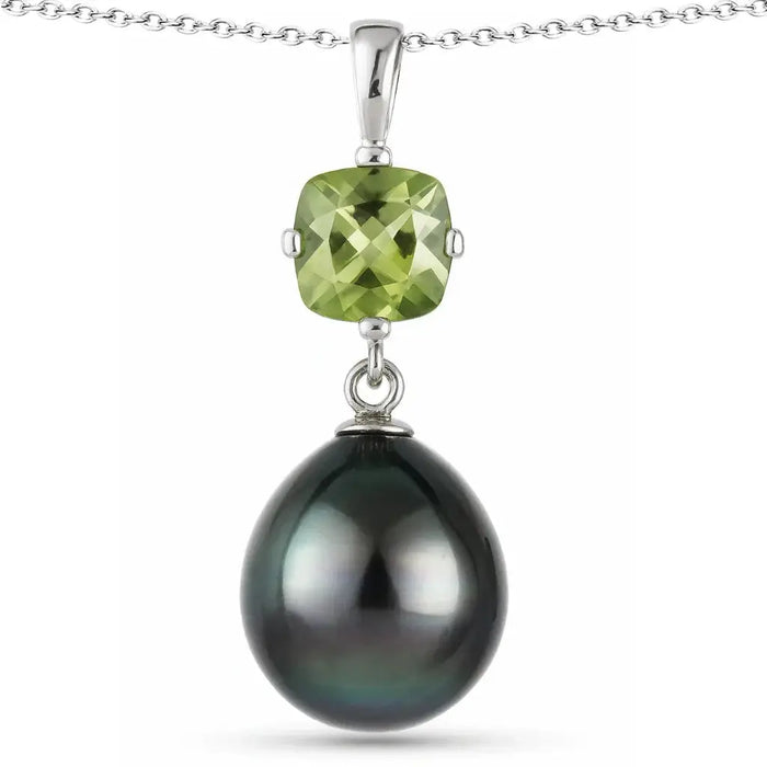 1.5 Ct Cushion Green Peridot & Tahitian Pearl Bezel Silver Pendant Necklace by Fine Color Jewels