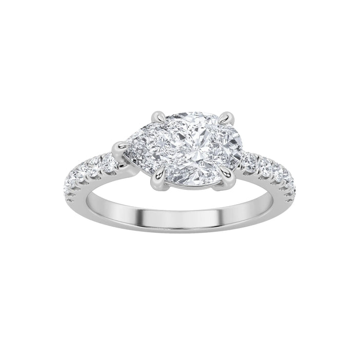 1.5Cttw Pear Shaped Lab Grown Diamond (F/VS) East West Accented Engagement Pave Ring 14K Gold by Fine Color Jewels