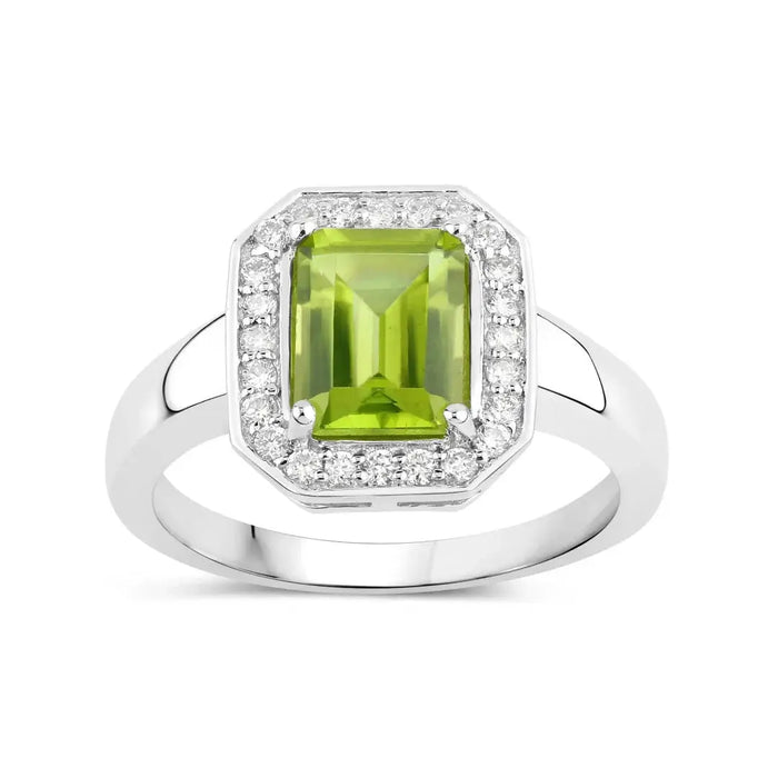 1.60 Ct Octagon Green Peridot and Lab Diamond Prong Silver Halo Bridge Ring by Fine Color Jewels