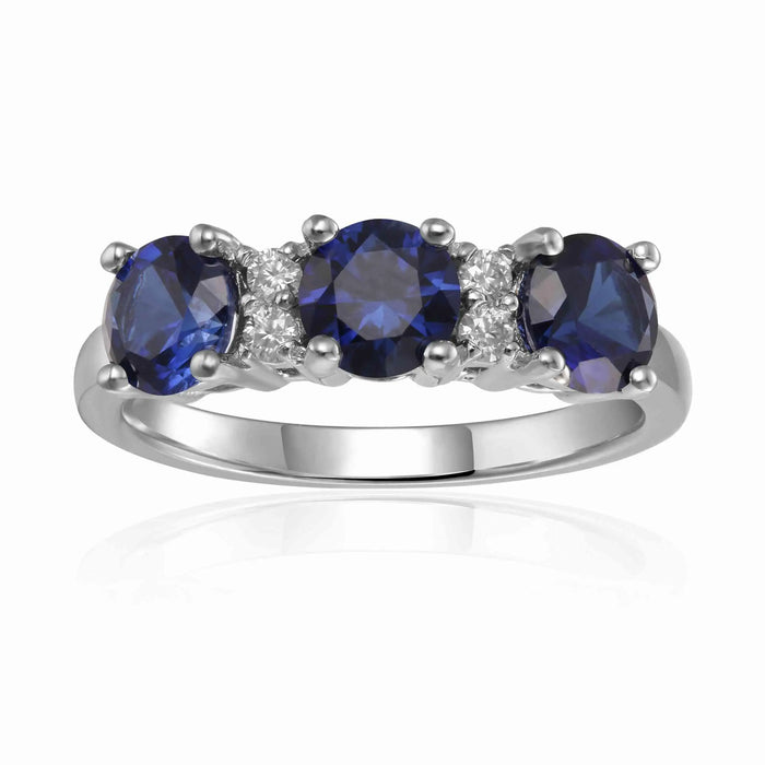 1.65 Ct Round Blue Sapphire Prong Silver Three Stone Ring by Fine Color Jewels