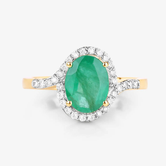 1.68 Ct Round Green Emerald & Diamond Prong 14k Gold Halo Pave Bypass Ring by Fine Color Jewels