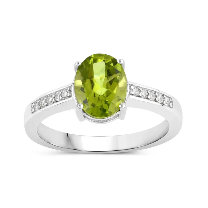 1.70 Ct Oval Green Peridot and Lab Diamond Prong Silver Pave Bridge Ring by Fine Color Jewels