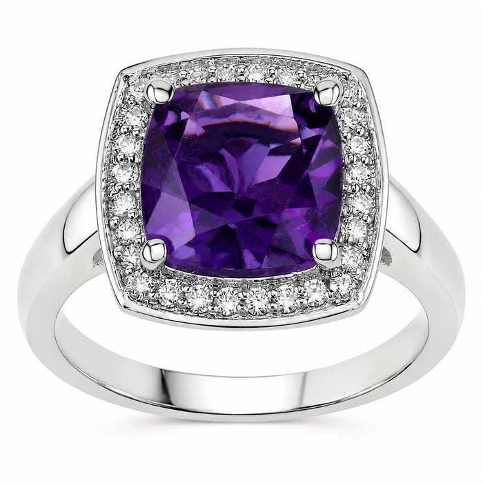 1.80 Ct Cushion Purple Amethyst and Lab Diamond Prong Silver Halo Cocktail Ring by Fine Color Jewels