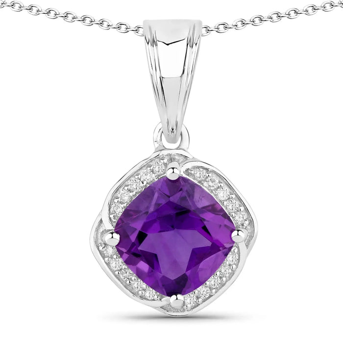 1.80 Ct Cushion Purple Amethyst and Lab Diamond Prong Silver Halo pendant Necklace by Fine Color Jewels