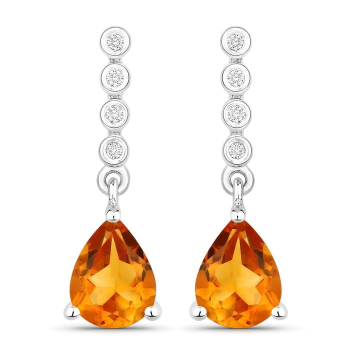 1.80 Ct Pear Golden Yellow Madeira Citrine & Lab Diamond Prong Silver Teardrop Dangle Earrings by Fine Color Jewels